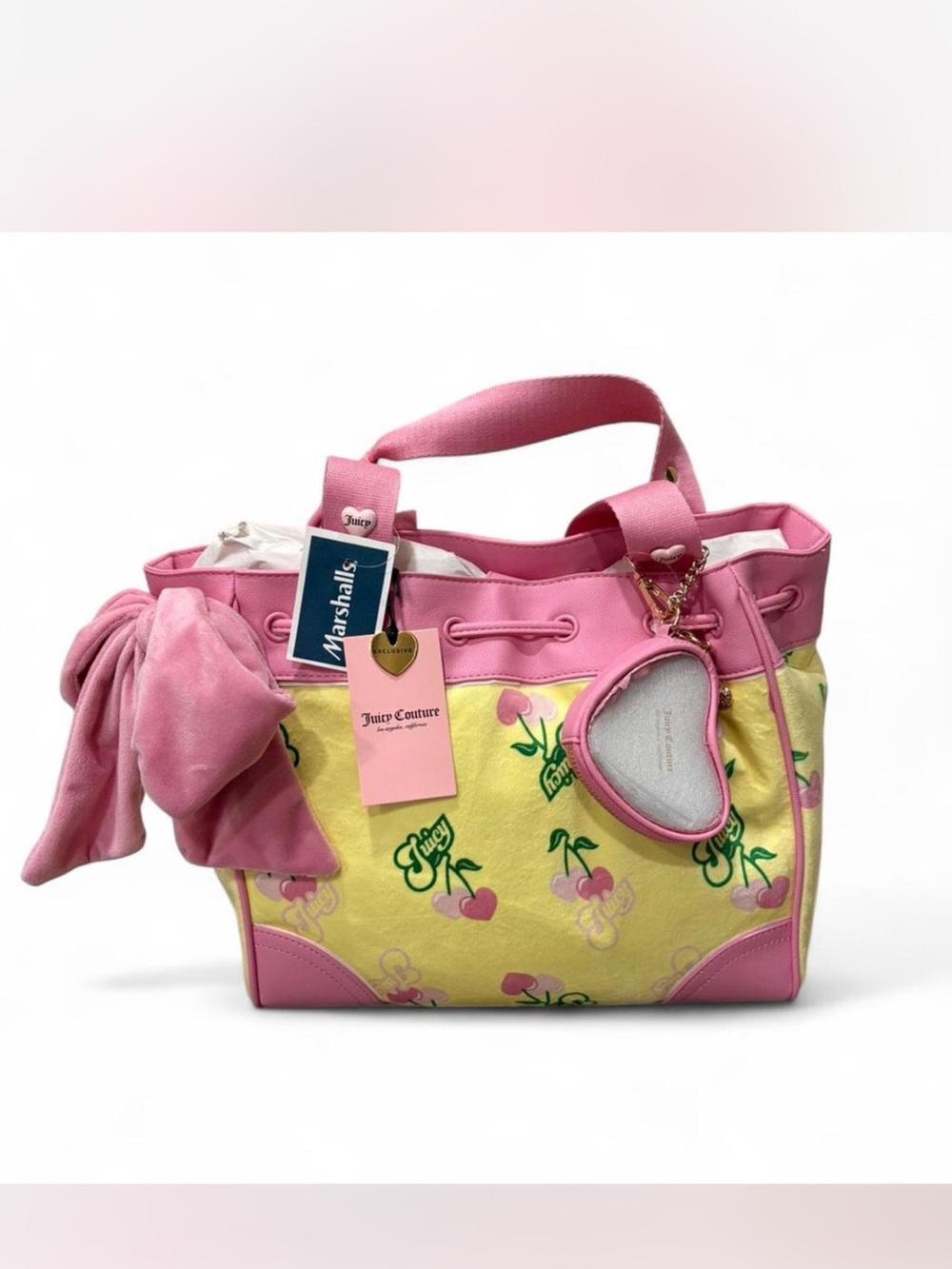 Juicy Couture Pink and Yellow Cherry Motif Tote with Heart Pouch